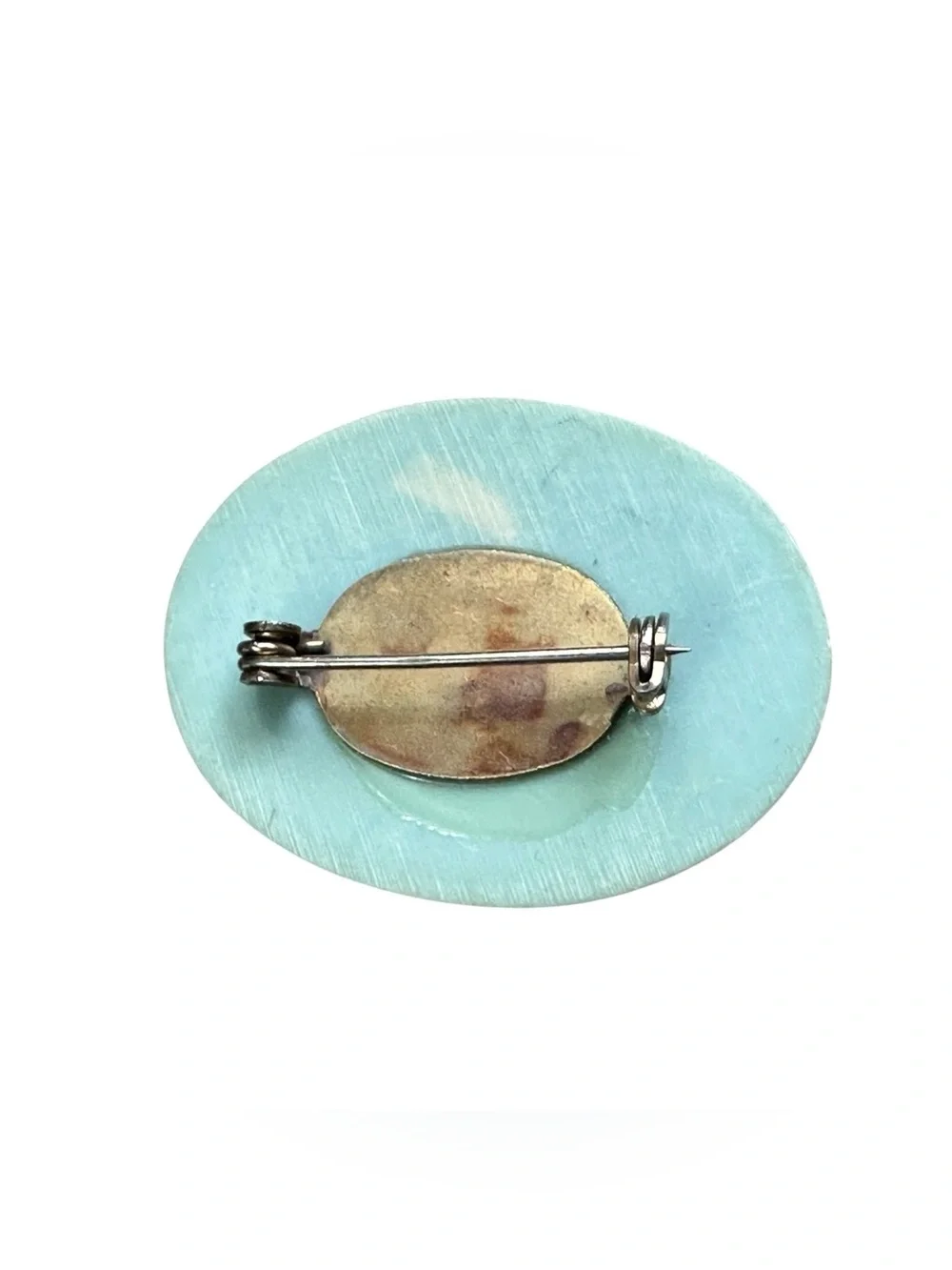 Oval Rose Floral Brooch Pin Pastel Aqua Pink Raised Flowers